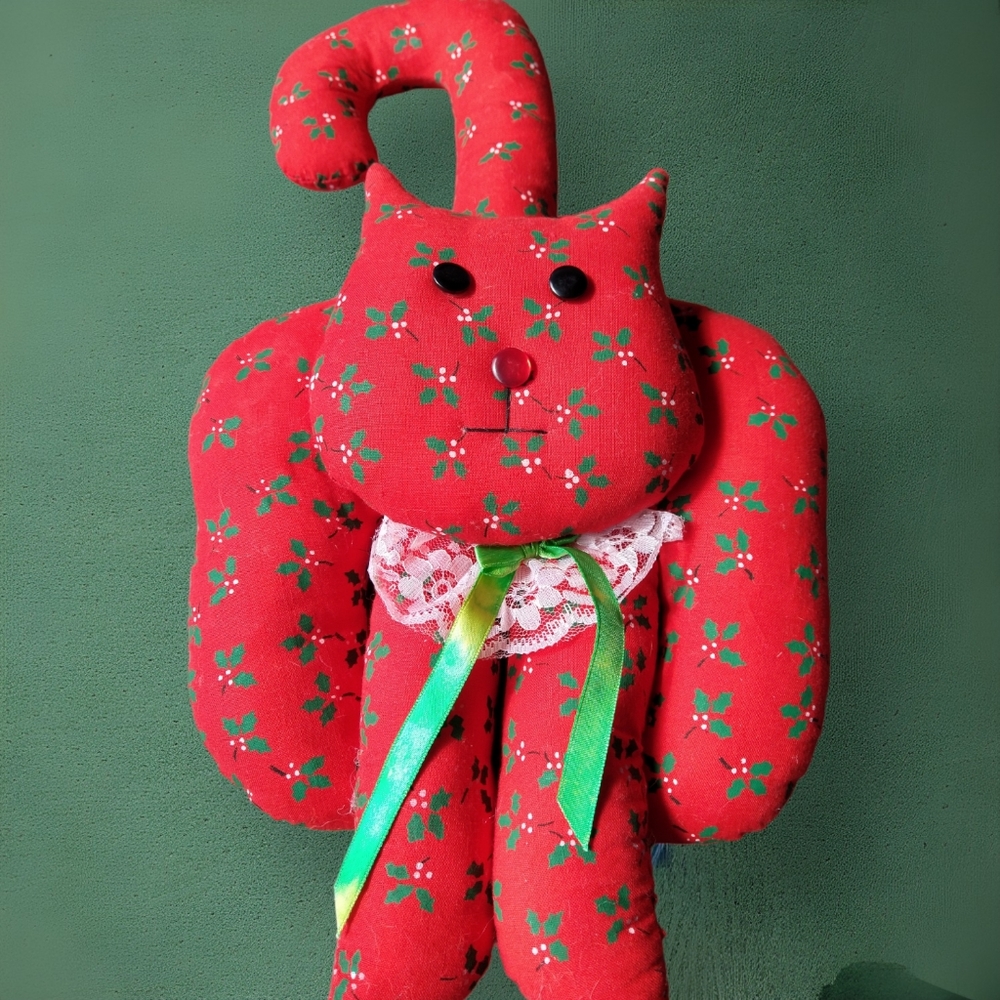Country Christmas Cat / Vintage Adorable Handmade Stuffed Cat EUC